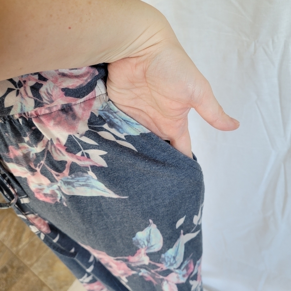 Tickled Teal blue grey floral drawstring jumpsuit w/pockets S - Picture 6 of 12